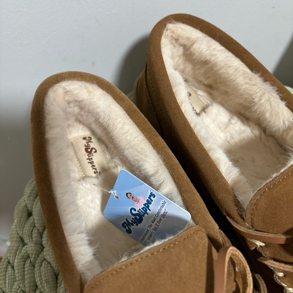 My Slippers Men's Moccasin Slippers My Pillow Chestnut Brown Suede Faux Fur NWT - Picture 5 of 10